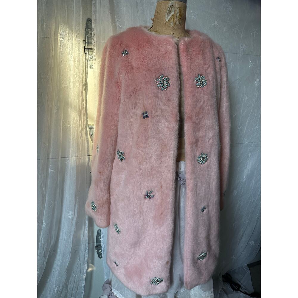 ZARA COLLECTION - Pink Bejeweled Faux Fur Coat blue beads party - Picture 13 of 16